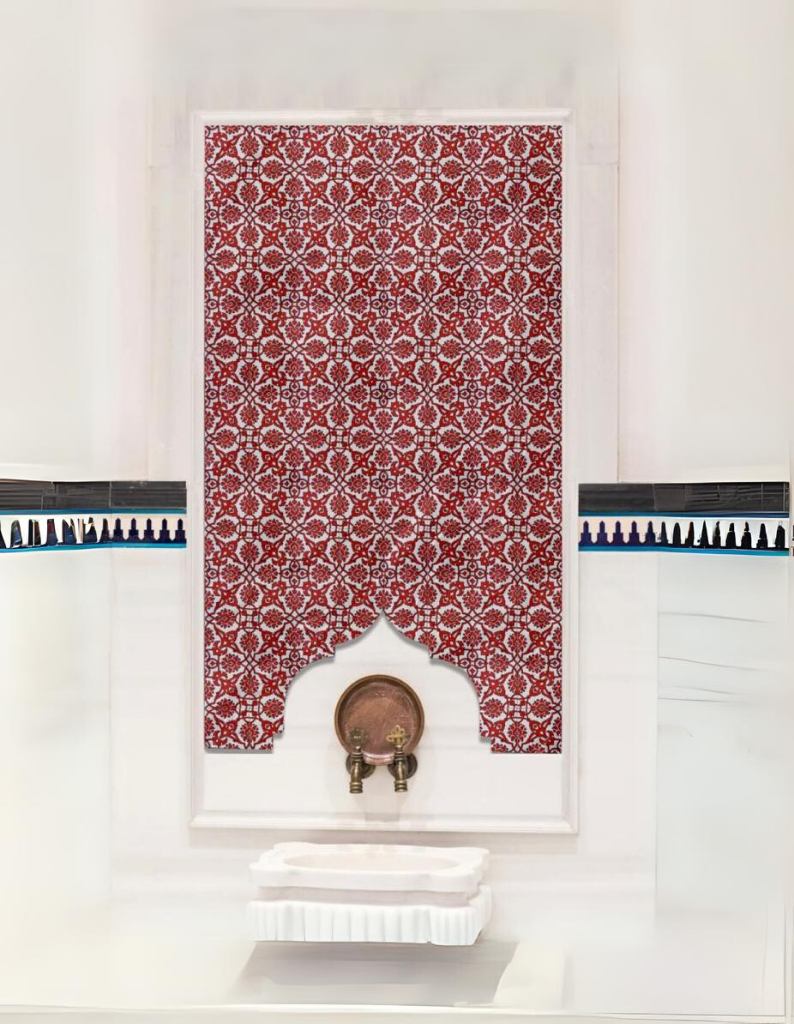 Afyonkarahisar Hamam Çini- Hamam Çini Üretimi, Hamam Seramik, Türk Hamam Çinisi, Çini Pano, Kurna Arkası Çini Pano, Hamam Çinileri, Kurna Arkası Çini, Bath Tile, Hamam Çini Modelleri, Türk Hamamı Modelleri, Turkish Bath tile, Türk Hamamı Çinileri, Osmanlı