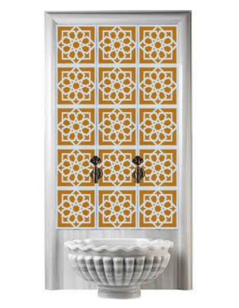 Hamam Çini-26- 80x160 Kurna Arkası Çini Türkmen Yıldızı Sarı Beyaz, Türk Hamam Çini Modelleri Lider Çini