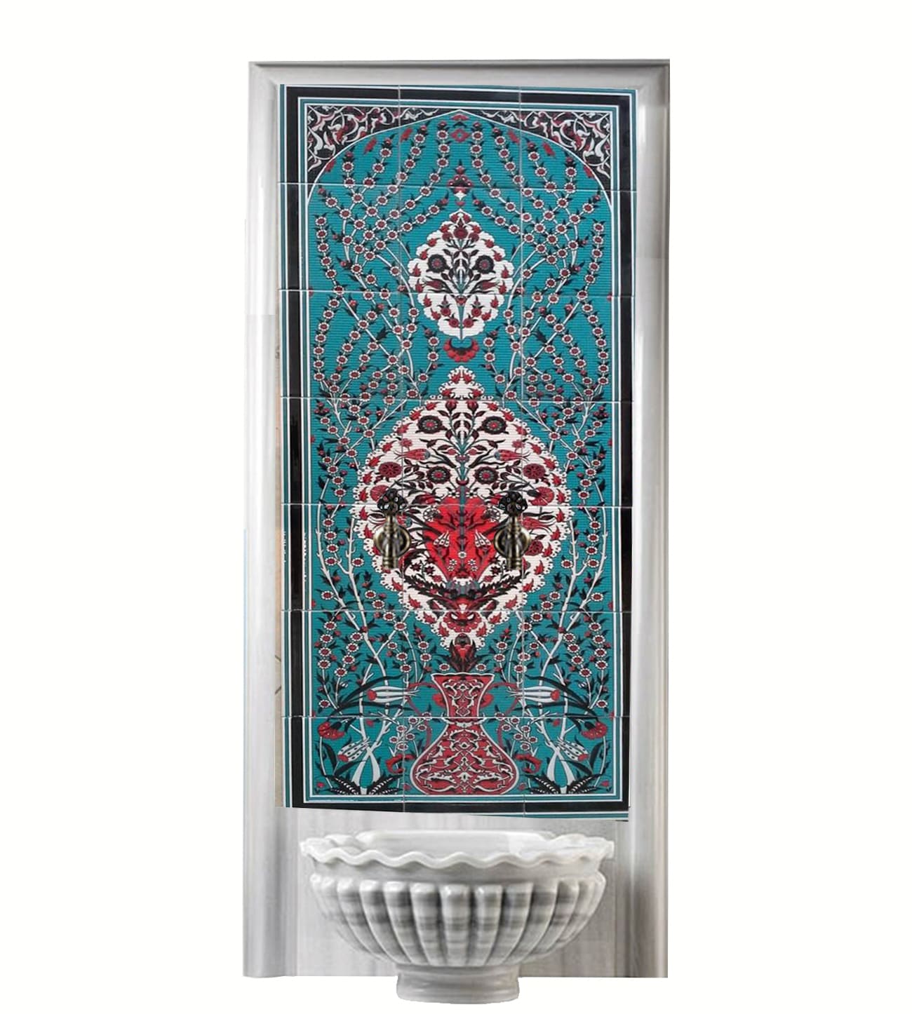 Hamam Çini-109- 80x160 Hamam Kurna Arkası Çini Porselen Sarmaşık Mavi Zemin, Hamam Kurna Önü Çini, Lider Çini