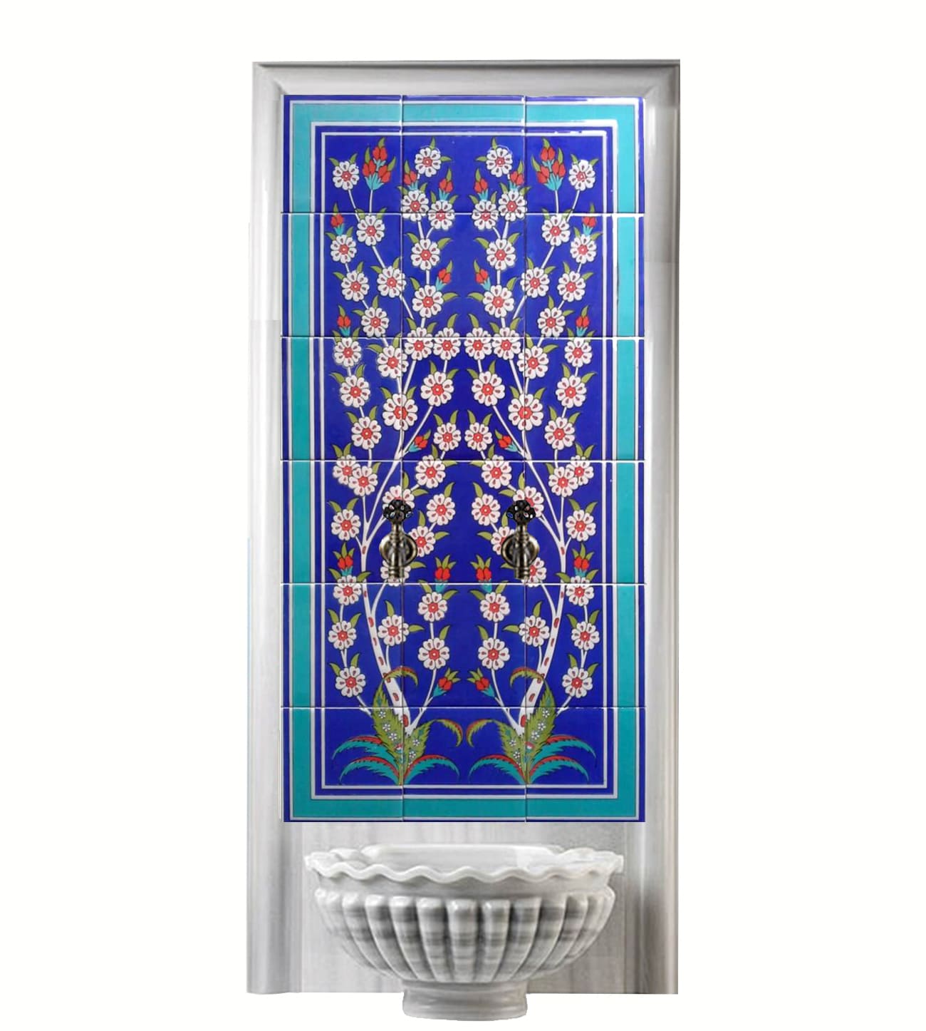 Hamam Çini-125- 60x120 Hayat Ağacı Kurna Arkası Çini Pano Kobalt, Lider Çini