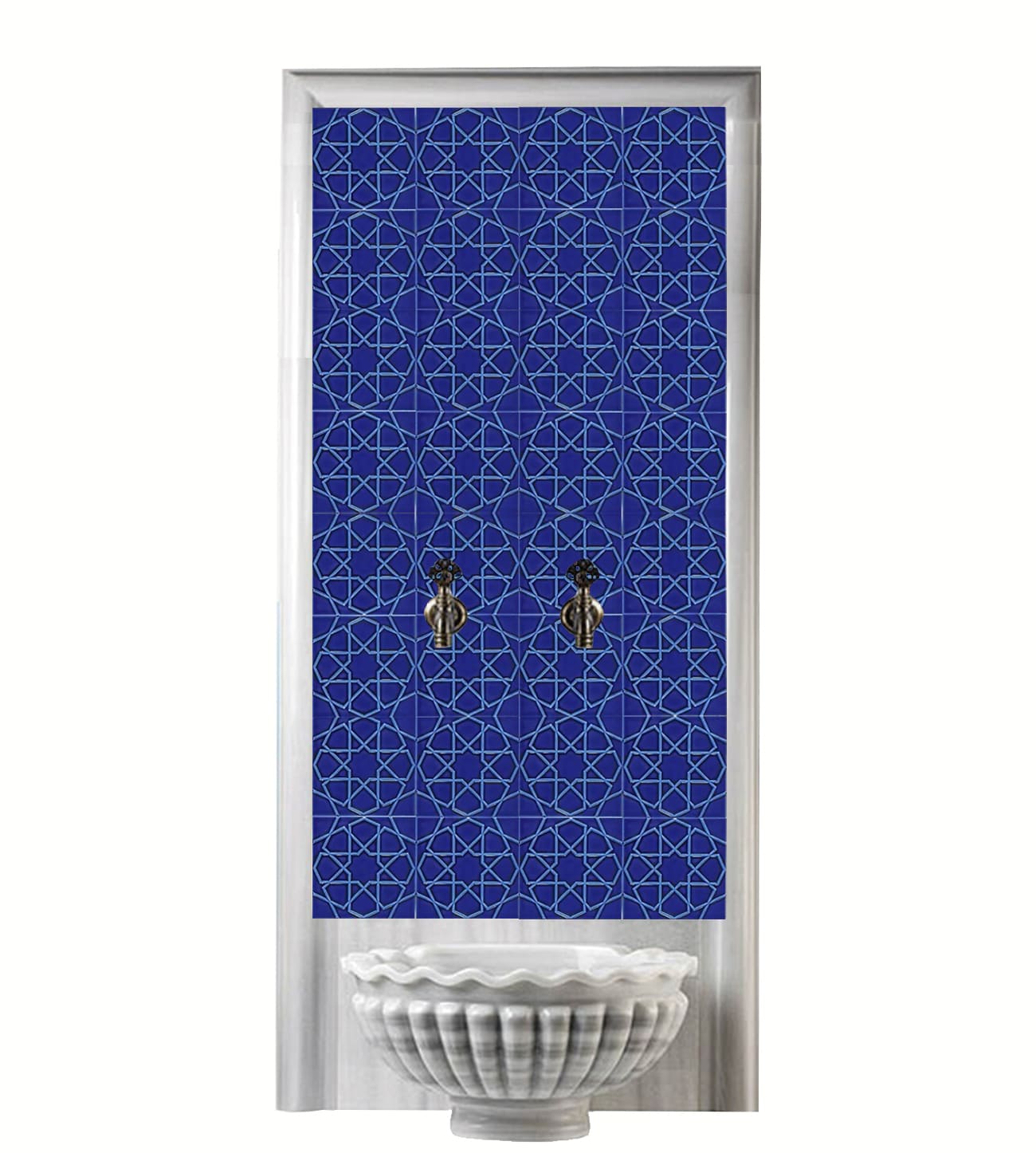 Hamam Çini-129-  80x160 Türk Hamamı Çini Seramik Pano 20x20 Türkmen Yıldızı Kobalt, Lider Çini