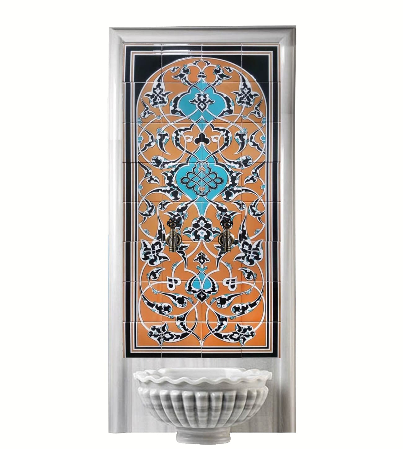 Hamam Çini-84-  80x160 Kurna Arkası Çini Pano Sarı Mavi, Çini pano Kütahya, Hamam Kurna Arkası Çini Pano Modelleri, Lider Çini