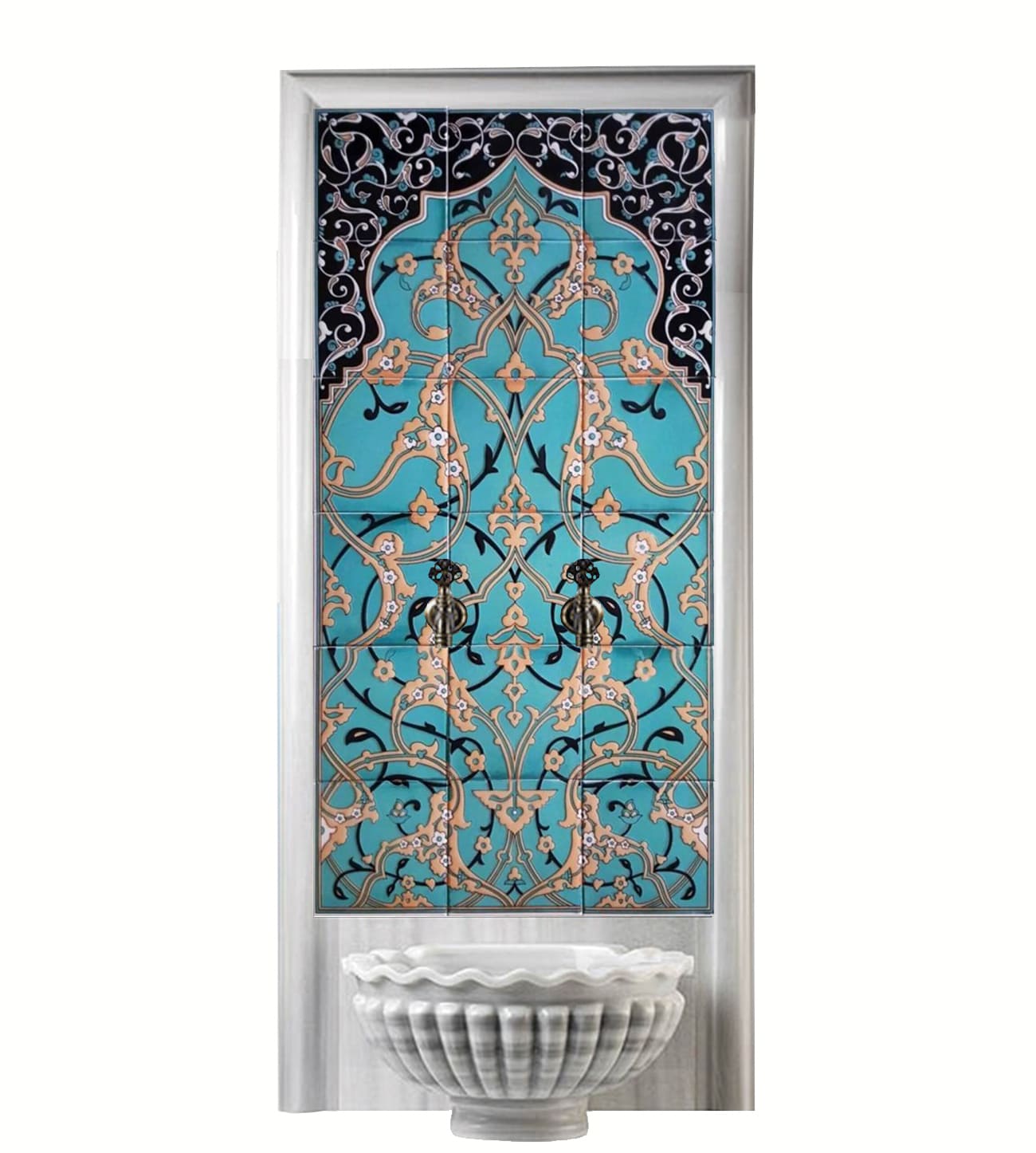 Hamam Çini-85-  60x120 Kurna Arkası Çini Pano Mavi Sarmaşık, Çini Pano İznik, Lider Çini