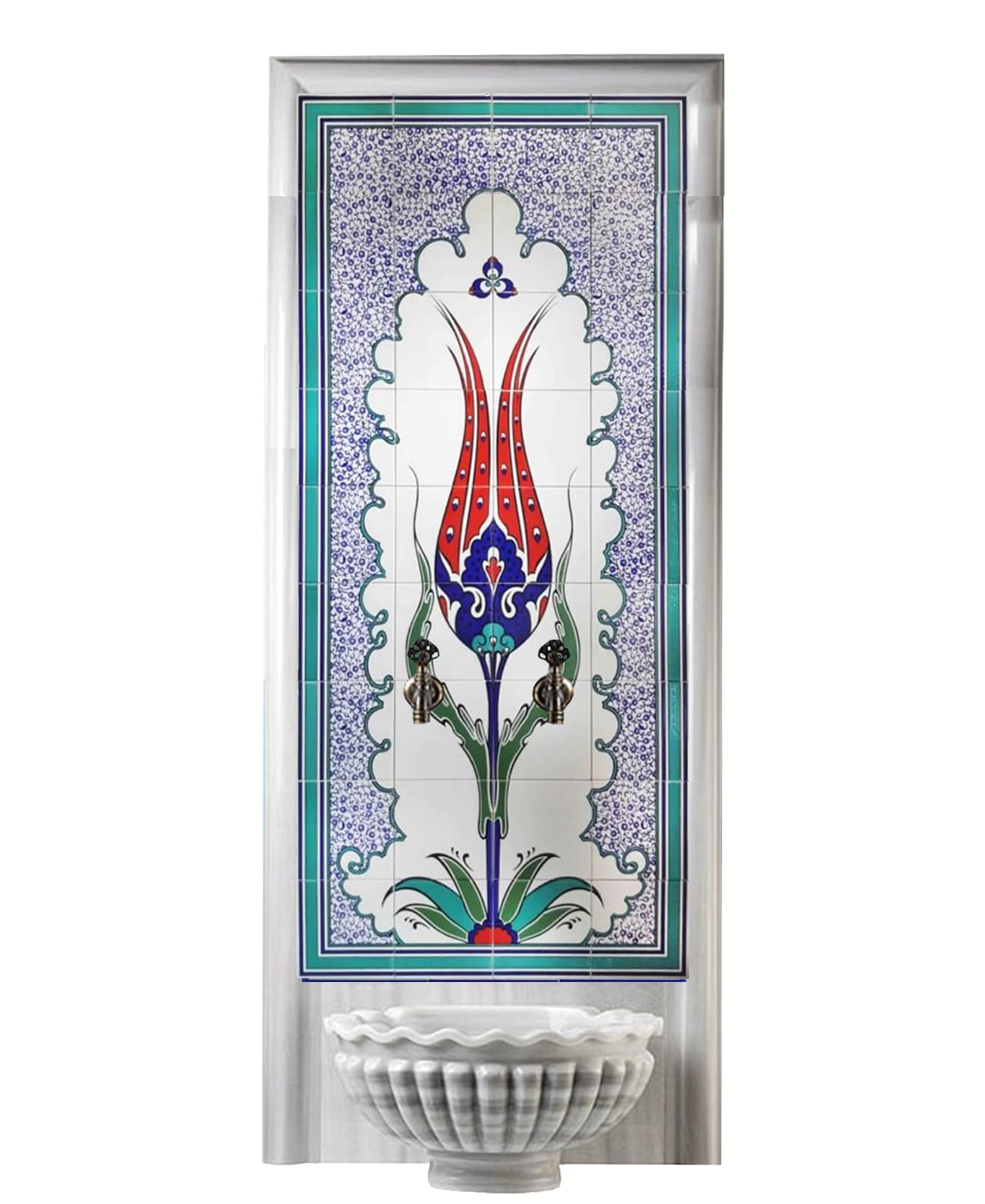 Hamam Çini-87- 60x160  Kurna Arkası Lale Çini Pano Kenar Turkuaz Kemer, Osmanlı Hamam Çini Modelleri, Lider Çini