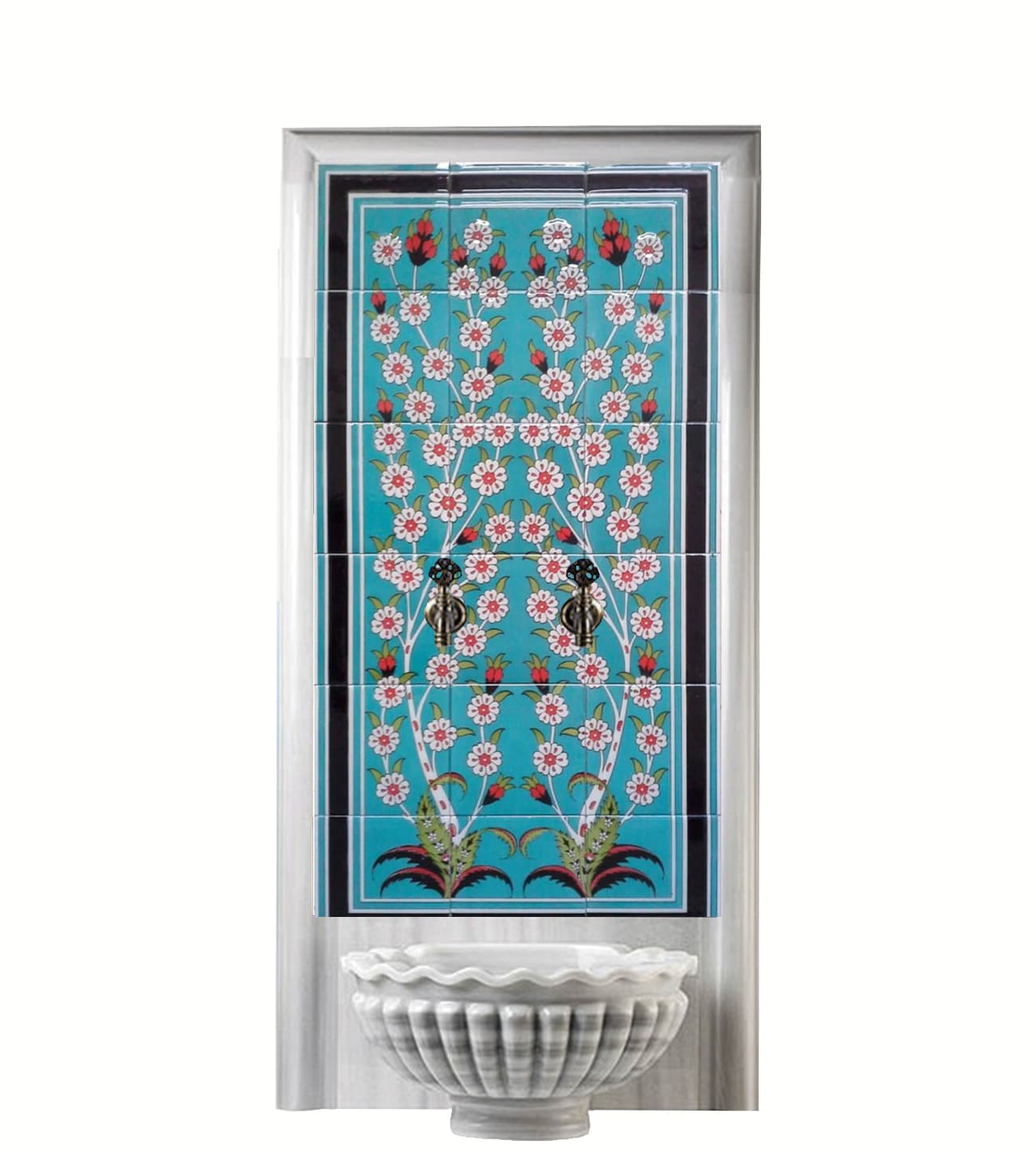 Hamam Çini-94-  60x120 Kurna Arkası Hayat Ağacı Çini Pano Turkuaz Zemin, Turkish Tile Lider Çini