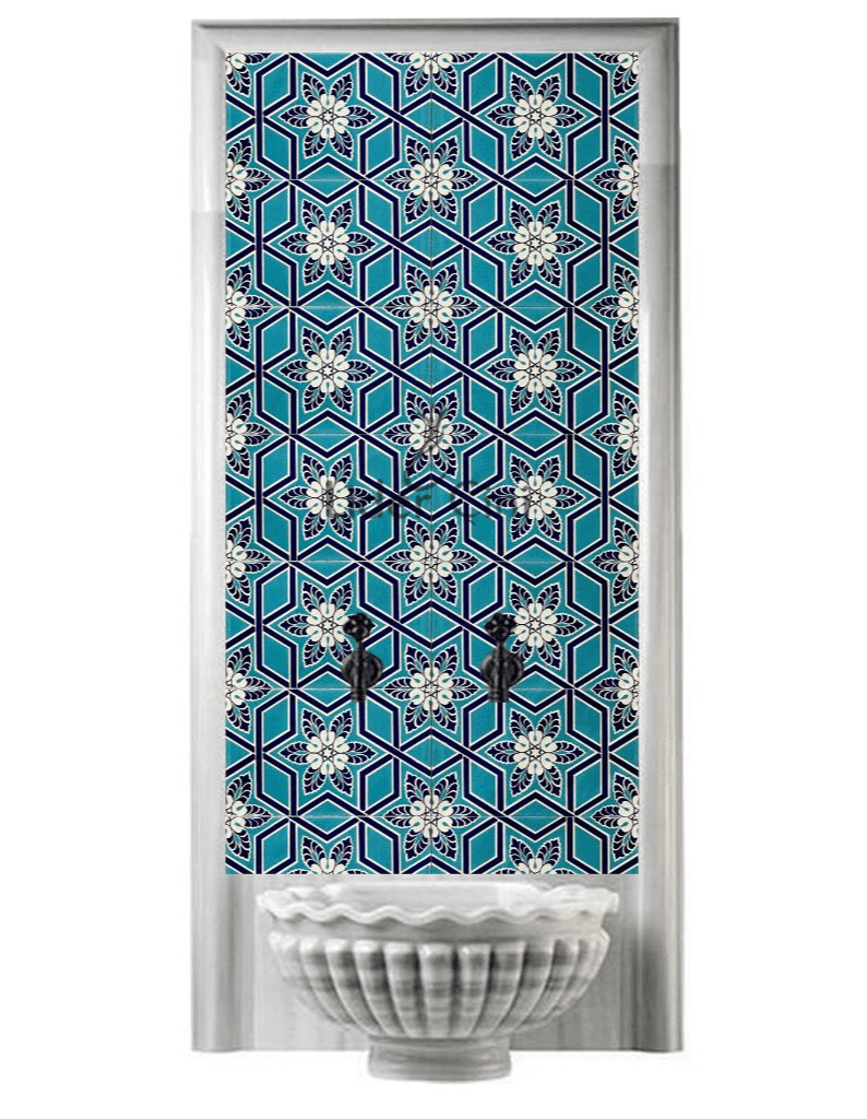 Hamam Çini-21- 80x160 Kurna Arkası Çini Selçuklu Motif Mavi Zeminli, Hamam Çini seramik, Lider Çini