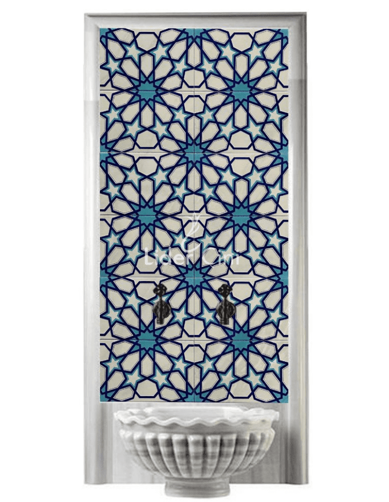 Hamam Çini-06- 80x160 Hamam Çini Pano Beyaz Türkmen Yıldızı, Kurna Arkası Çini, Lider Çini